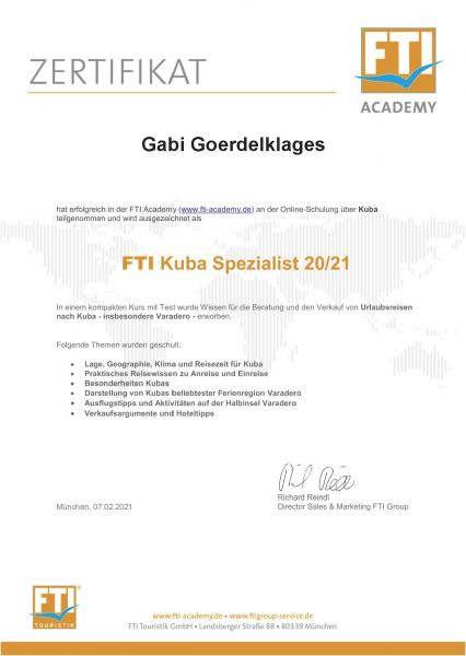 FTI Kuba Spezialist Zertifikat
