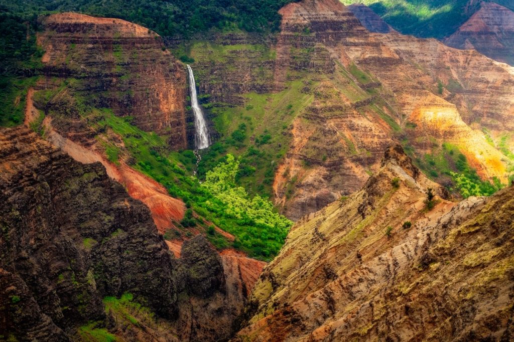 Landscape view of Waipoo waterfall in Waimea canyon, Kauai, Hawaii
