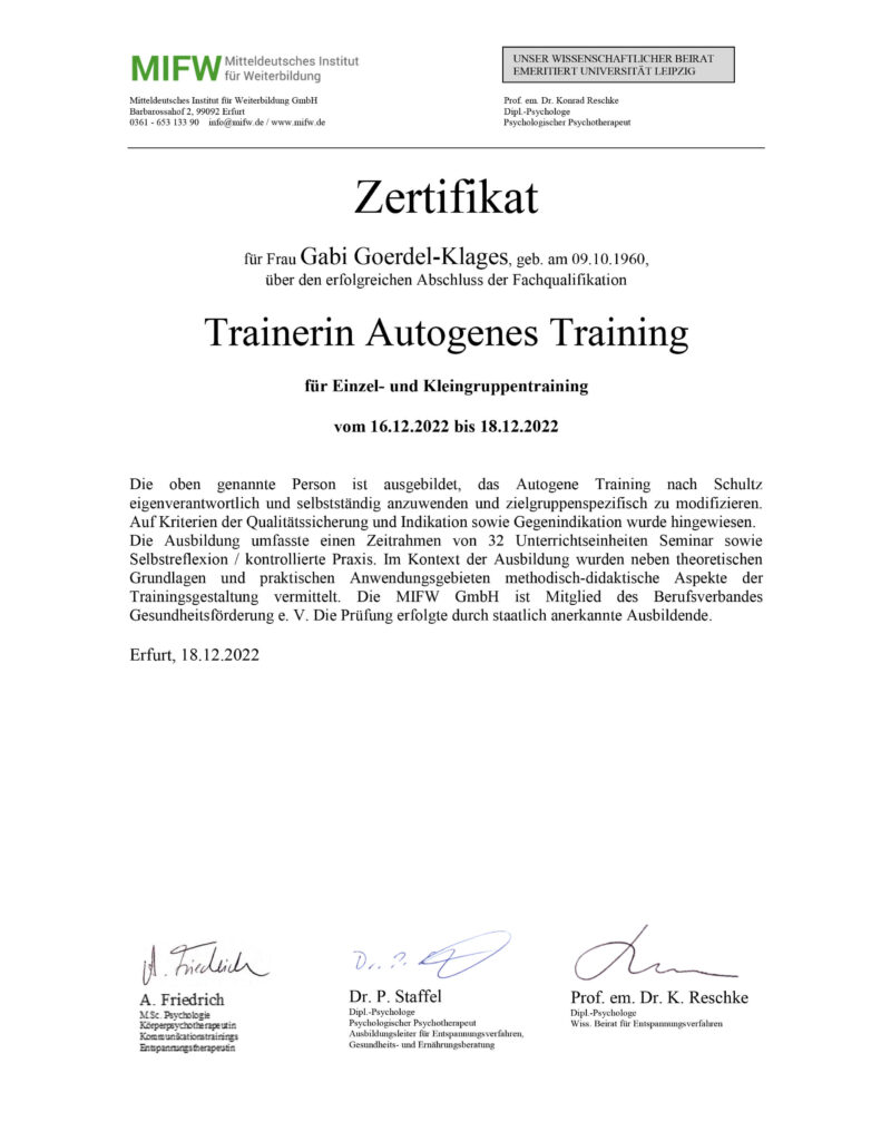 Autogenes Training Zertifikat Goerdel-Klages