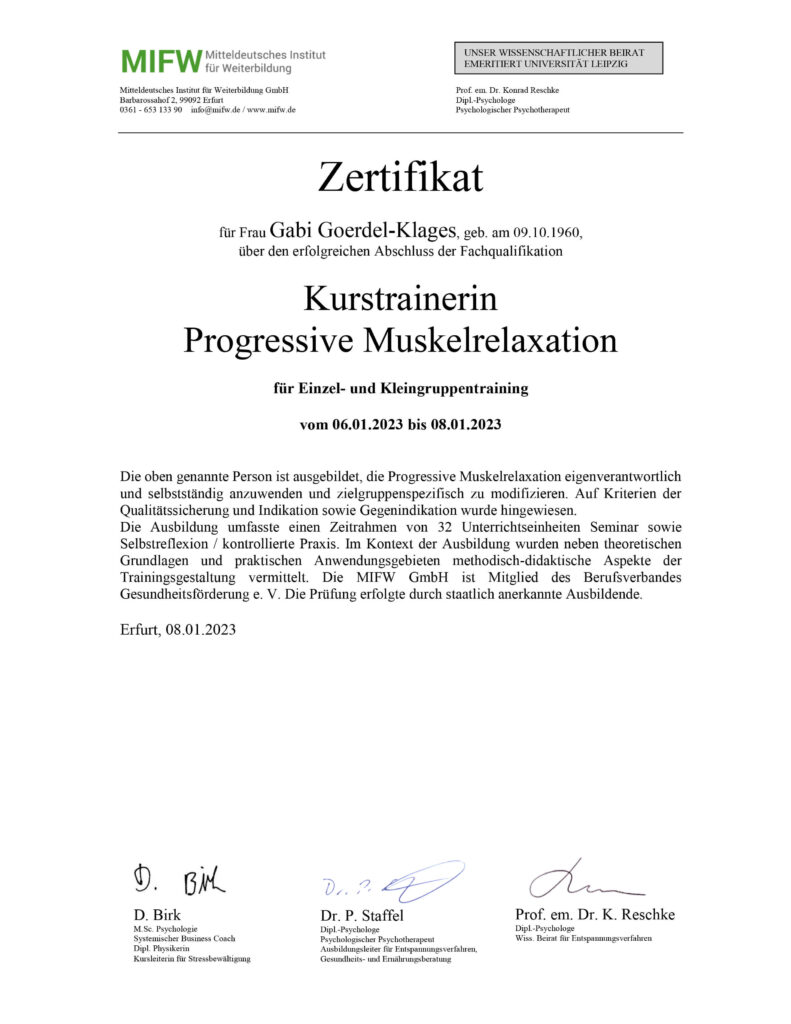 Progressive Muskelrelaxation Zertifikat Goerdel-Klages