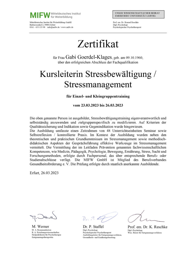 Stressbewältigung Zertifikat Gabi Goerdel-Klages