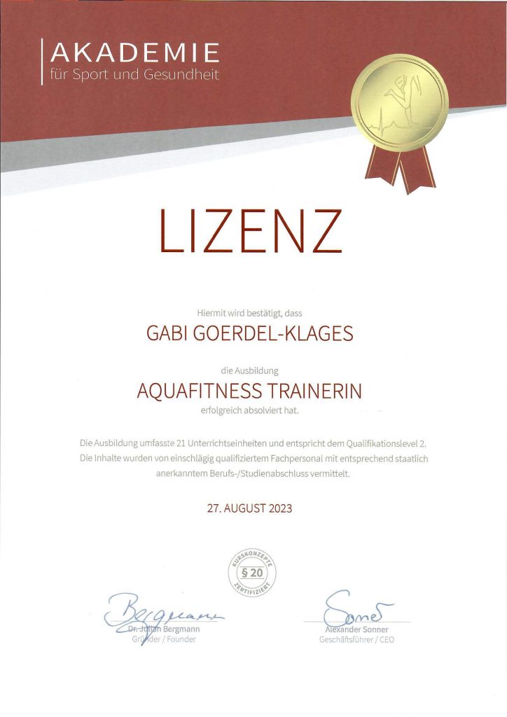 Zertifikat Aquafitness Trainer